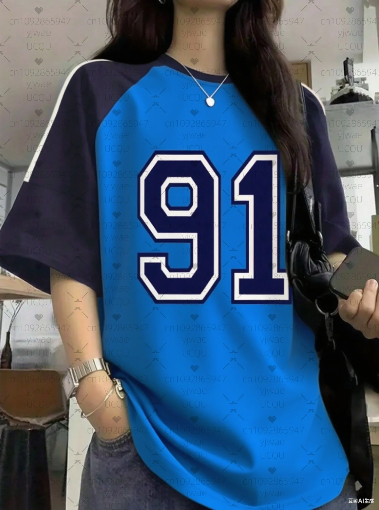 NO.91striped digital  Print Woman T Shirt Girl aily Top Female Creativity Color Block O-Neck T-Shirt Casual Clothes