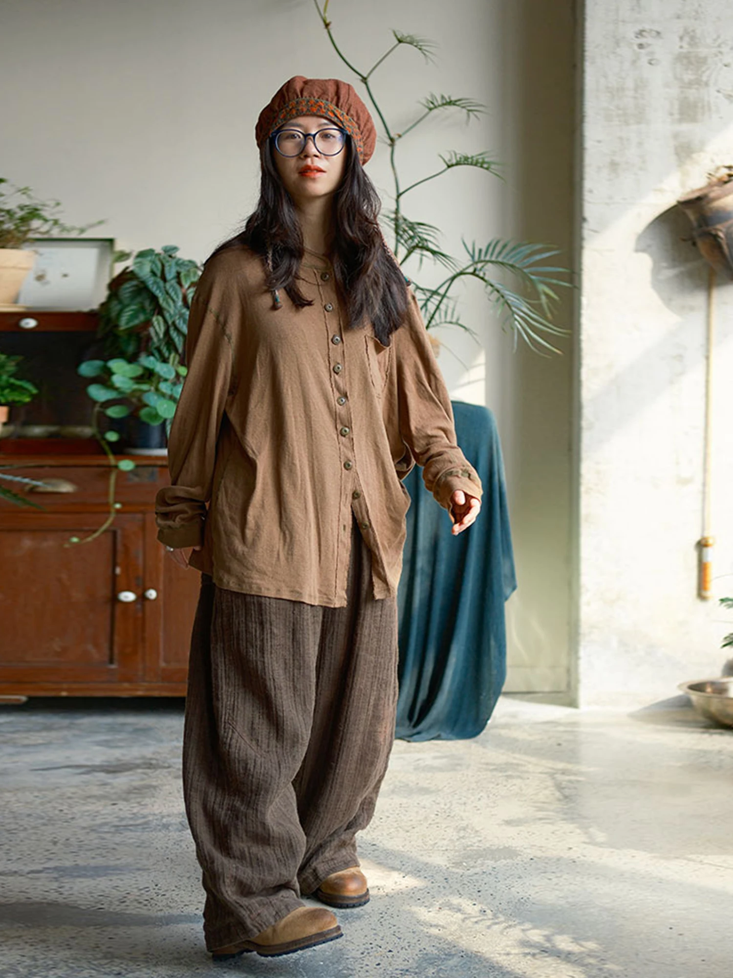 

PengPengHome 629 Pure Cotton Retro Knitted Open Cardigan Long Sve Inner Wear round Knitting Cloud Mist Sle Women's T-irt