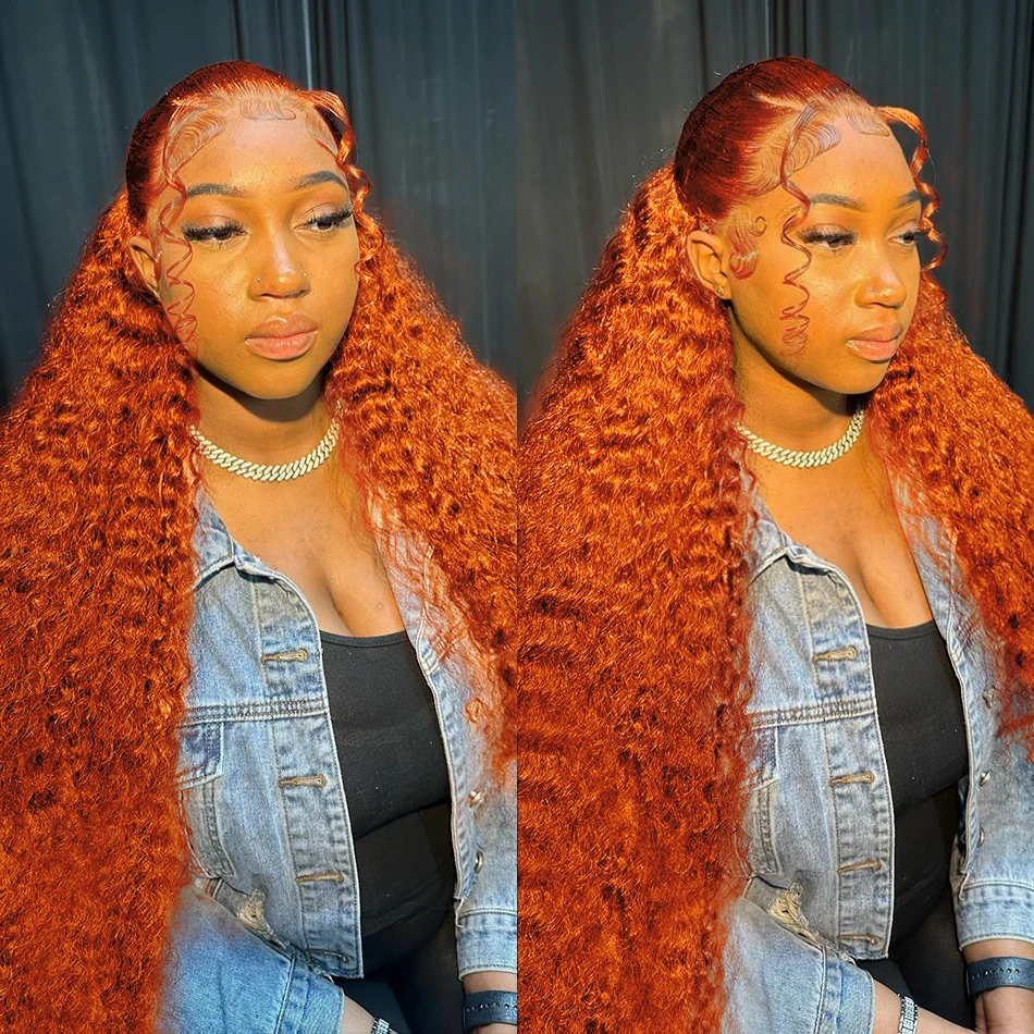 

13x6 Deep Wave Human Hair Lace Frontal Wigs For Women Orange Ginger Transparent Water Curly Glueless Lace Front Wigs