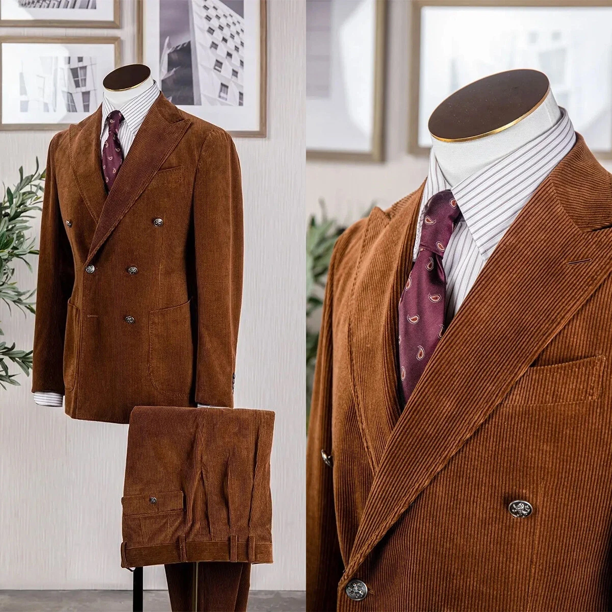 코듀로이 남성 정장 웨딩용 2피스 재킷 바지 정장 두꺼운 가을 겨울 상의 연회 비즈니스 오피스 남성 외투 맞춤 제작