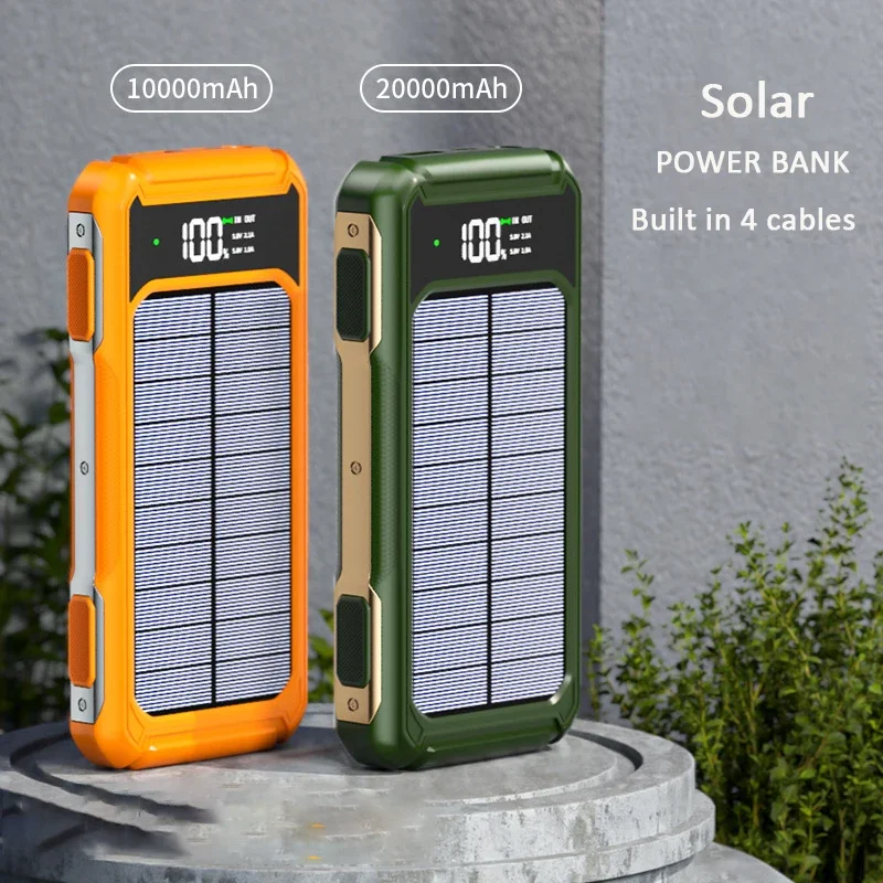 

Solar Power Bank with Built in Cable 20000mAh Portable Phone Charger Powerbank External Battery Charger for iPhone Xiaomi Huawei