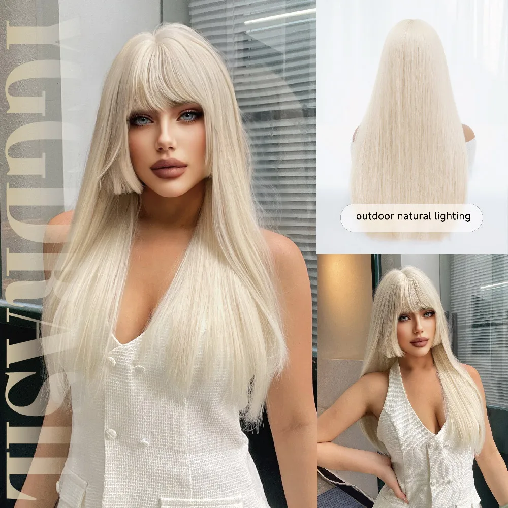 

24-дюймовый платиновый блондин элегантный стиль синтетические парики с челкой средний натуральный прямой парик из натуральных волос для женщин косплей термостойкие