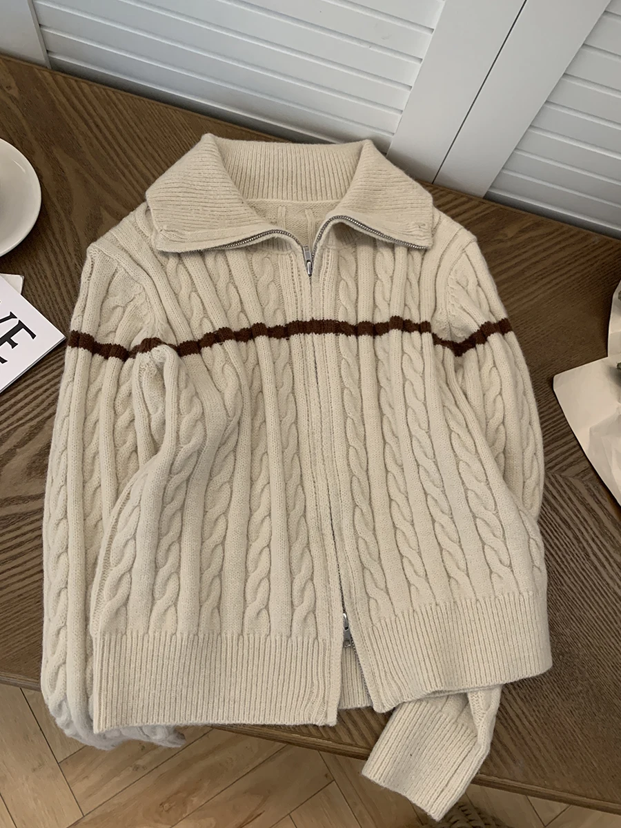 

Женский вязаный кардиган на молнии цвета хаки, осенне-зимний, модный, прямой крой, с длинными рукавами, тонкий, стандартный крой