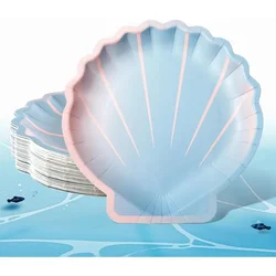 24Pcs Under The Sea Party Seashell Blue Pink Disposable Paper Plates for Mermaid Birthday Baby Shower Wedding Party Supplies