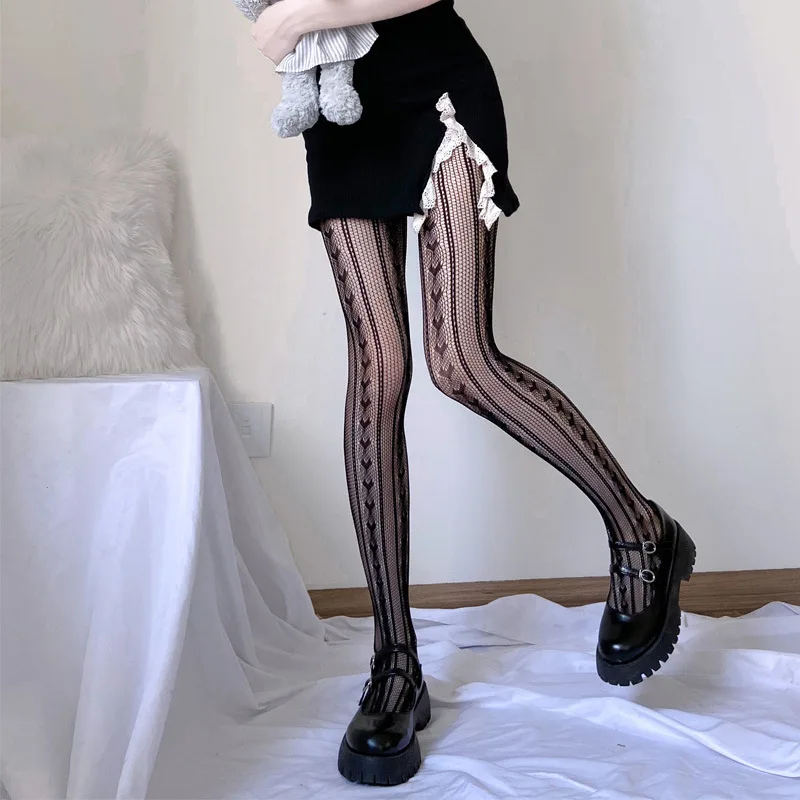 Summer Thin Love Stripe Lolita Socks Women's Day Department JK Spice College Wind Black Silk Pantyhose Lolita