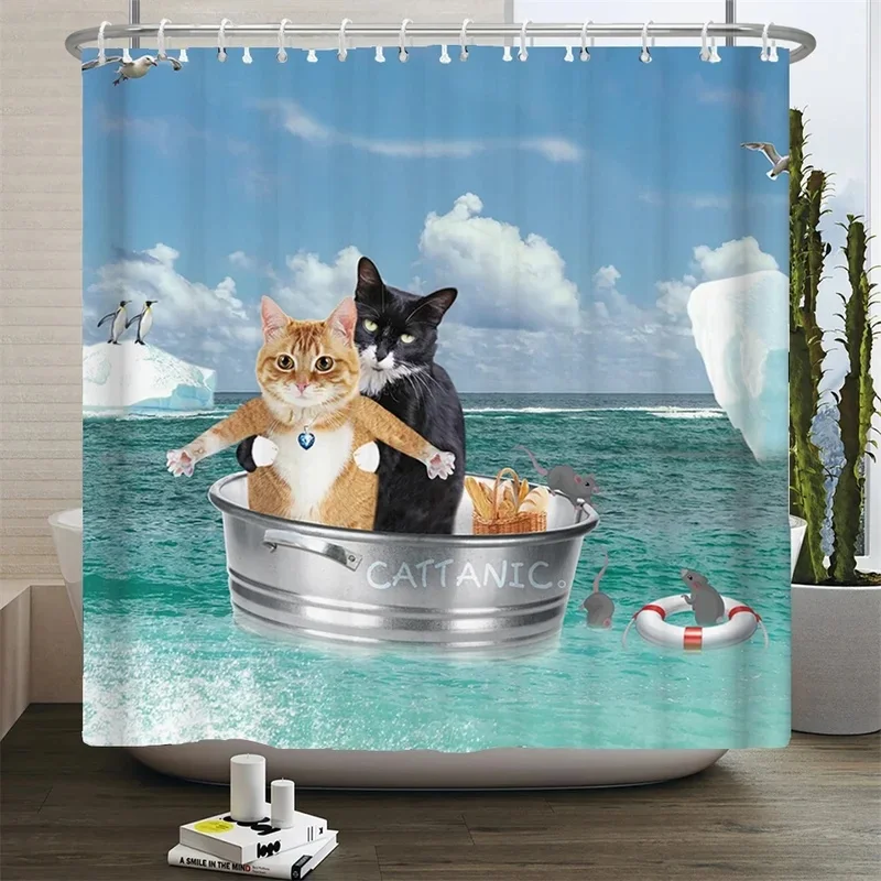 VIKAMA Humorous Shower Curtain Cute Cats Ocean Iceberg Mouse Pattern Waterproof Bath Curtain for Bathroom Decoration
