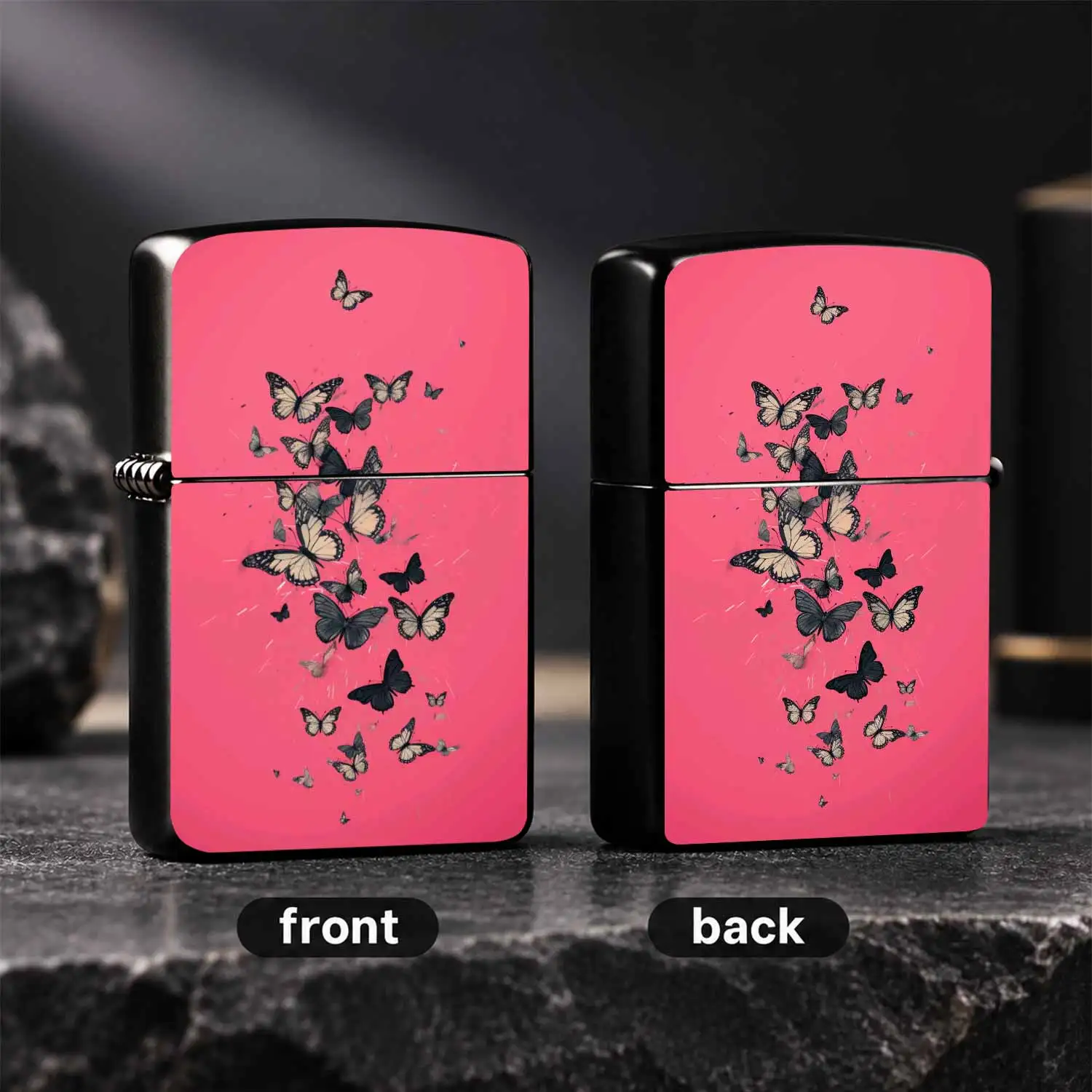 Vibrant Pink Background Butterflies Cluster Decor Lighter, Exquisite Aesthetic Flying Butterflies Pattern Portable Lighter, Stylish Practical Daily Use Accessory For Travel Gathering Dating, Universal Scenario Elegant Delicate Fashion Item