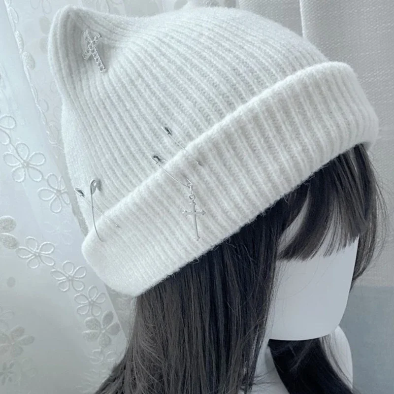 Gothic Knitted Beanie Hat for Women Y2K Cat Ear Hat Handmade Crochet Skull Hat Female Teens Subculture Headwear