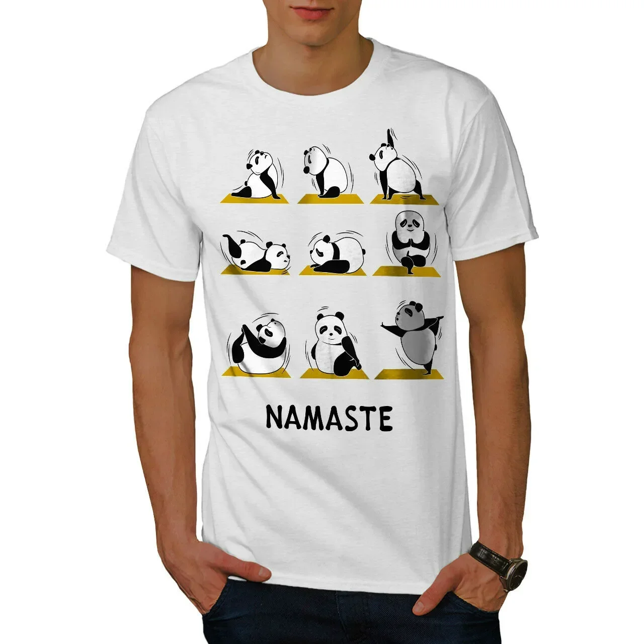 Namaste Funny Panda Yoga Poses Graphic T-Shirt O-Neck Short Sleeve Summer Casual Mens