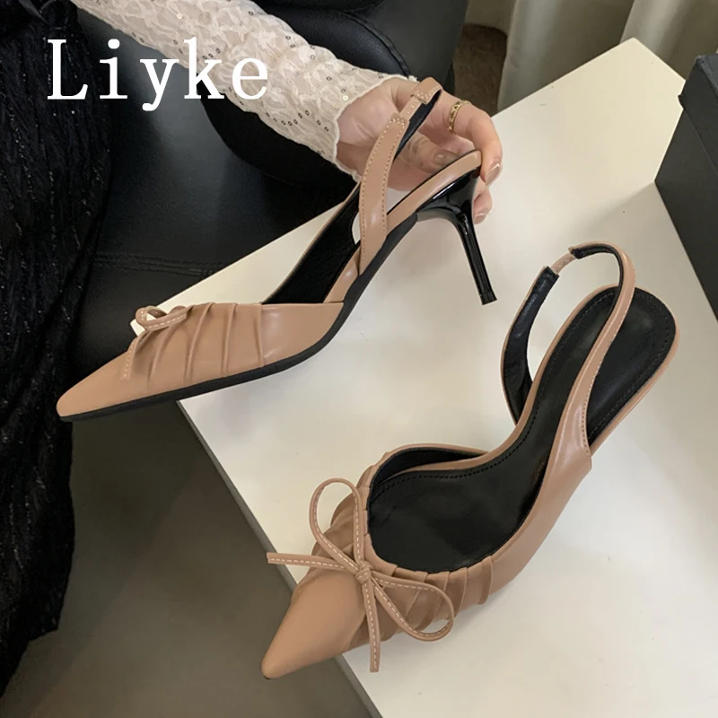 Liyke Street Style Sexy Pointed Toe Butterfly Knot Women Pumps Stripper Sandals Slingback High Heels Mules Female Shoes Stiletto