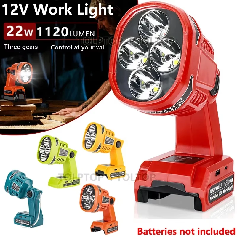 LED Work Light Jobsite Spotlight for Makita/Milwaukee/Dewalt/Bosch/Black&Decker/Craftsman/Ryobi 18V 20V Battery Lamp Flashlight