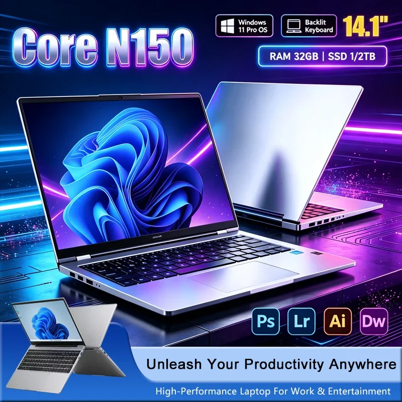 New 14.1' Laptop Intel Core N150 16GB 32GB 2TB Gaming PC Ultra Slim Office Study Computer PC Windows 11 Pro 1920*1080 HD