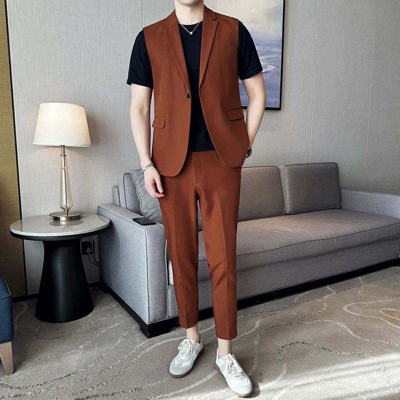 

Spring Summer The Latest Design KoreanStyle Solid Color Casual Men Single Buckle Sleeveless Suit Men Slim Social Club Party Suit