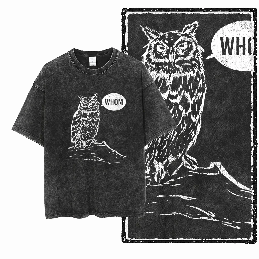 DH OWL Printed 100% Cotton Acid Washed Exclusive Graphic Unisex T Shirt Cool Vintage Streetwear Men Tshirts Big Size Tee for Men