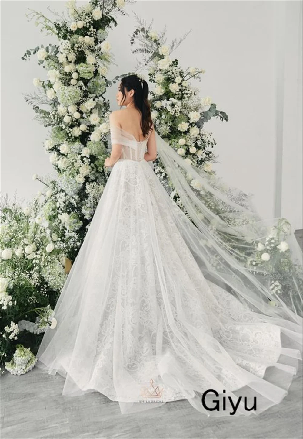 Giyu Fairy Lace Followers Korea Wedding Dress Photoshoot Strapless Tulle Shawl A-Line Floor-length 웨딩드레스 Bridal Gown