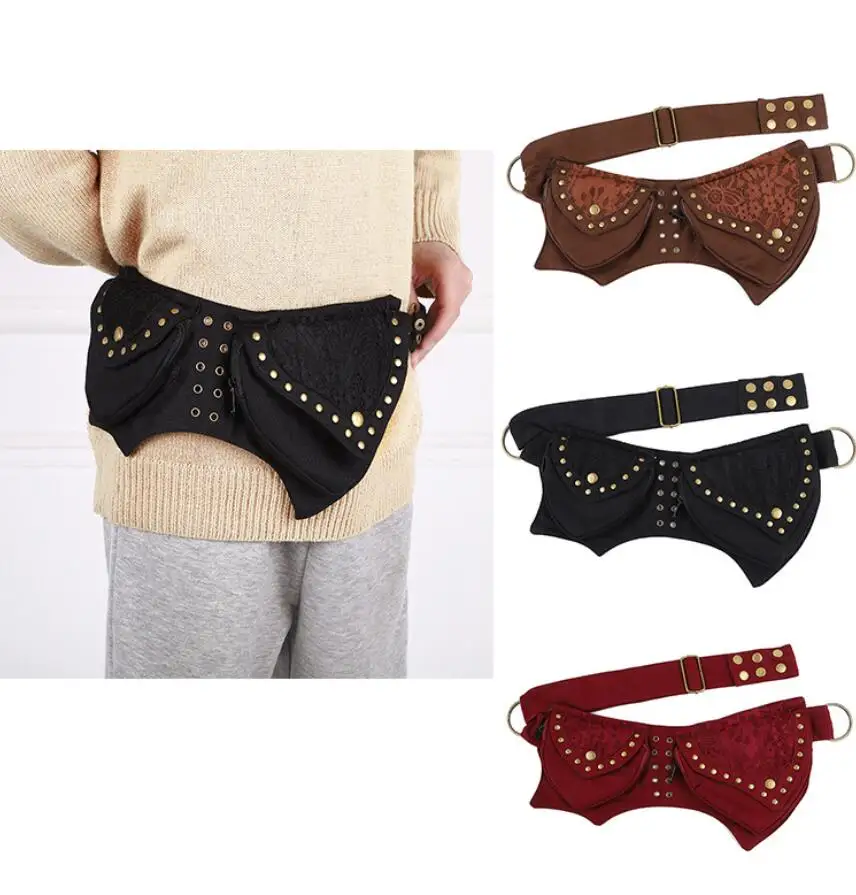 Women Bohemian Lace Waist Bags Vintage Western Cowboy Rivet Bum Phone Bag Medieval Pixie Cosplay Pouch Cloth Waist Pockets