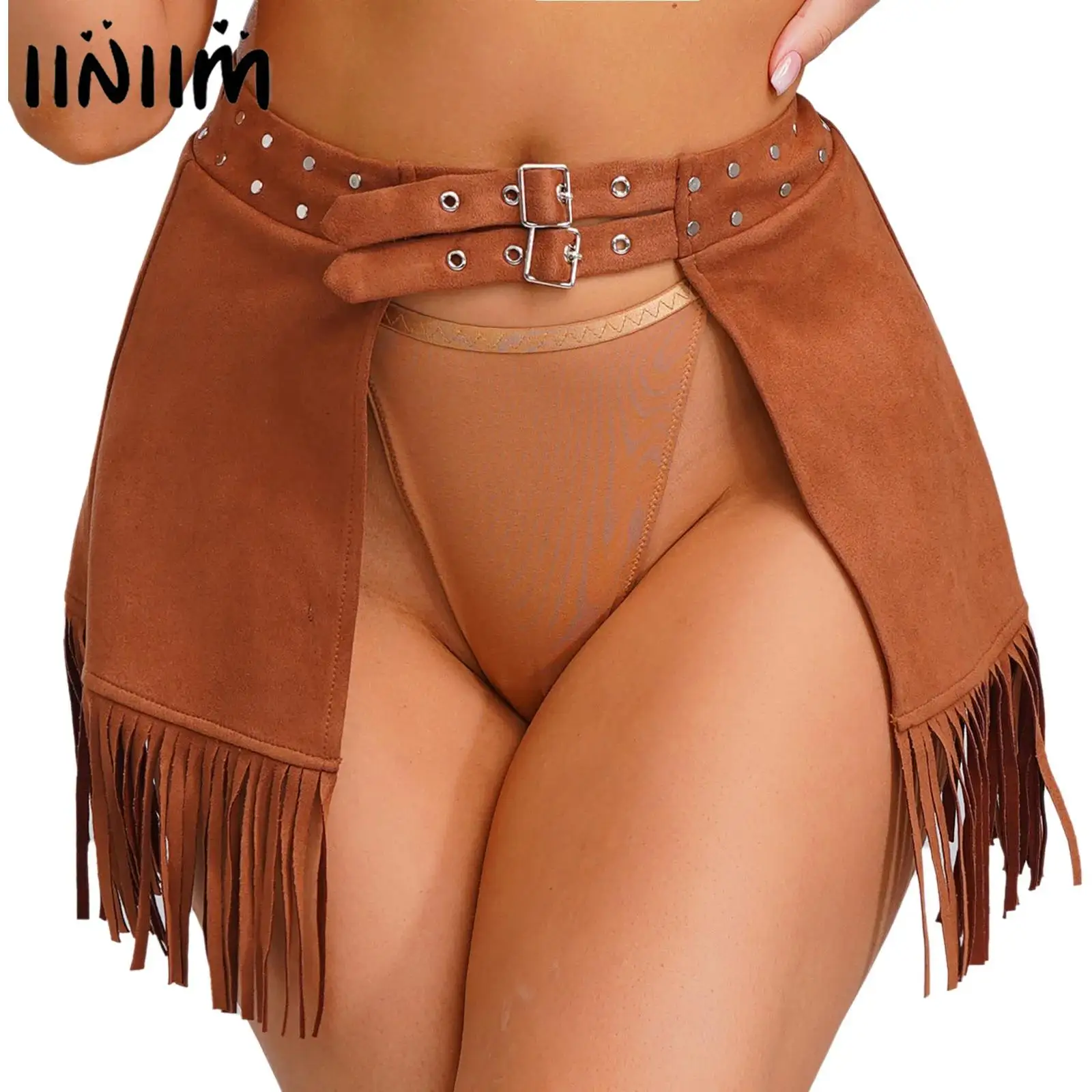 Mini jupe à franges Disco pour femmes des années 70, Double boucles, Rivets, garniture à pampilles ouverte sur le devant, mini-jupe Western Cowgirl, jupe rétro en Faux daim