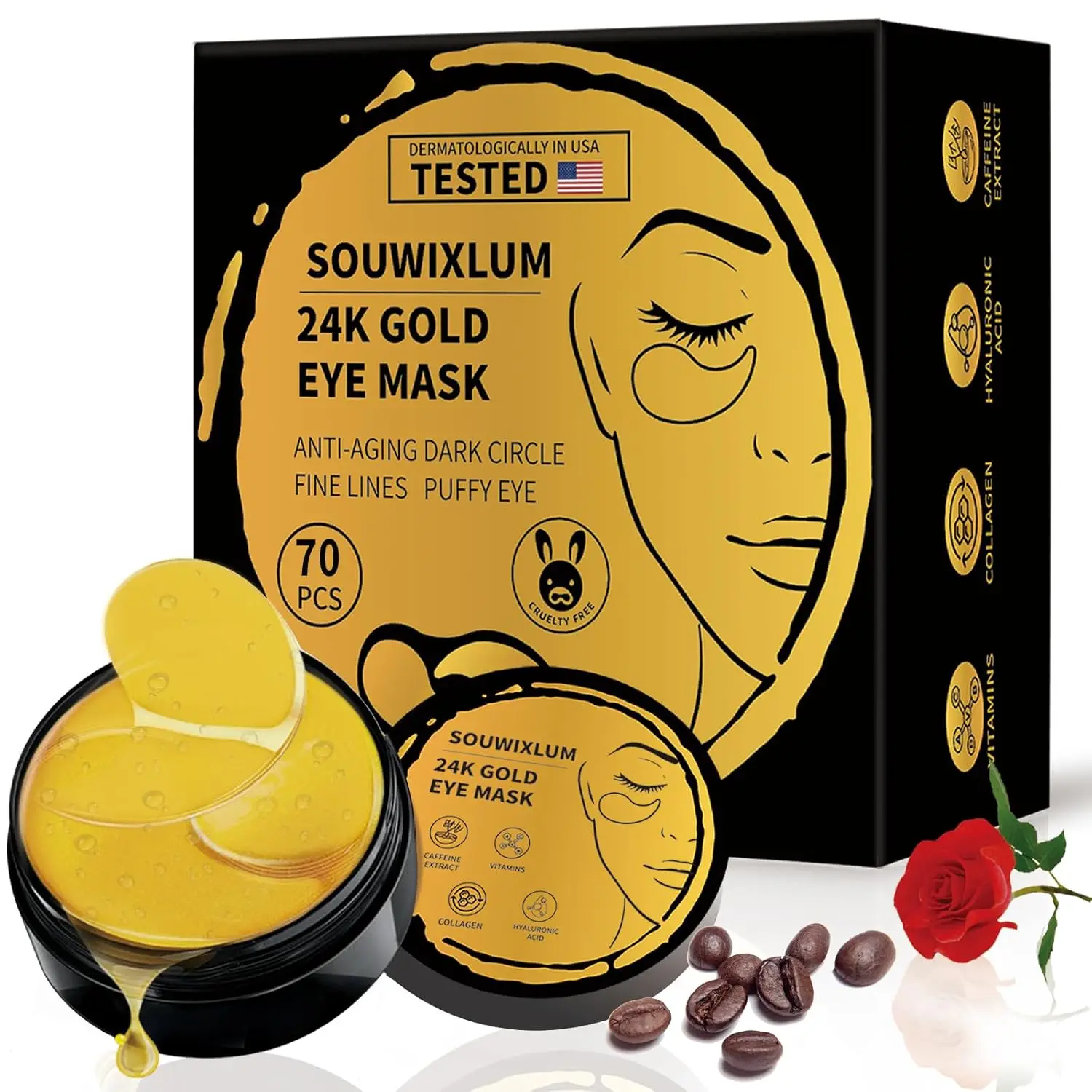 

70 Pcs Gold Under Eye Patches for Puffy Eyes & Dark Circles - Anti-Aging Eye Mask with Hyaluronic Acid & Caffeine