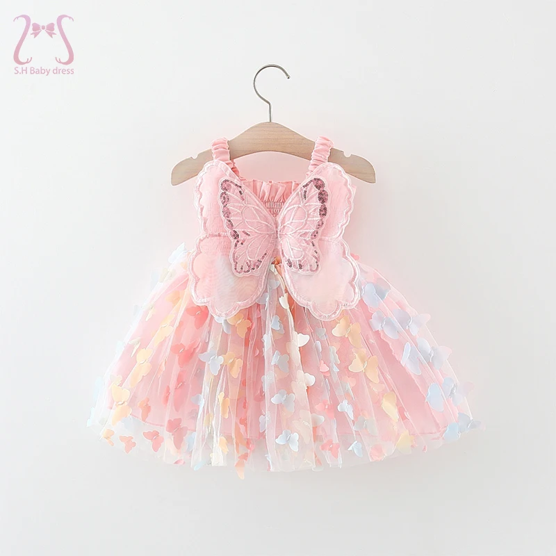 New Baby Girls Birthday Party Evening Dresses Summer Butterfly Wings Children Clothes Sweet Colorful Toddler Kids Costume