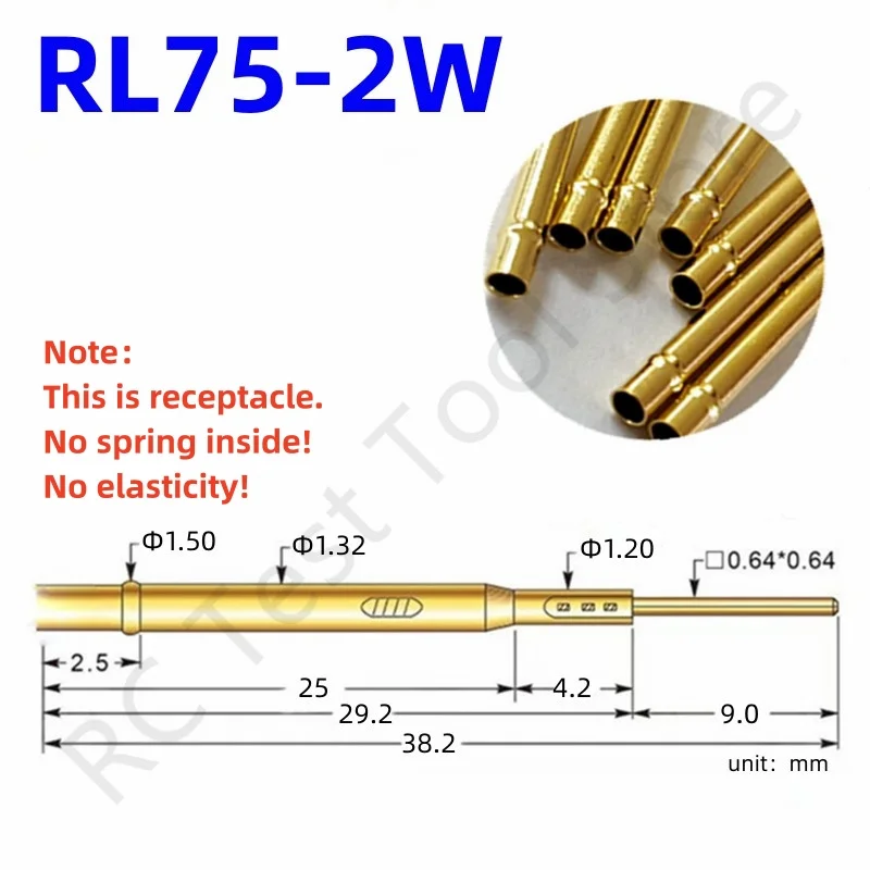 

100PCS RL75-2W Test Pin PL75-B1 Receptacle Brass Tube Needle Sleeve Seat Wire-wrap Probe Sleeve 38.2mm Outer Dia 1.32mm