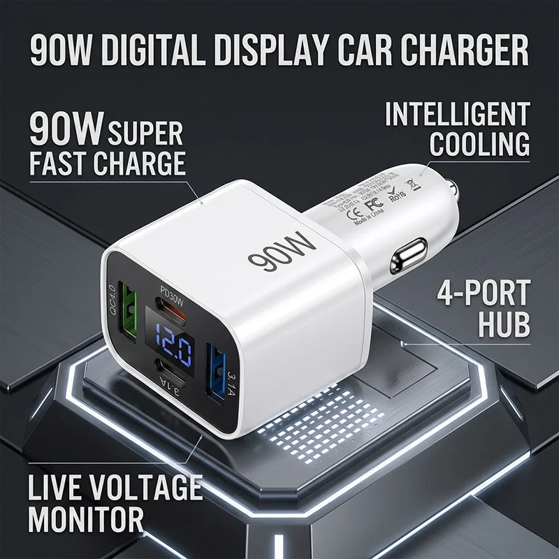 90W 4 Port USB Car Charger Fast Charging PD Type C Phone Adapter With Digital Voltage Display In Car For iPhone For Samsung