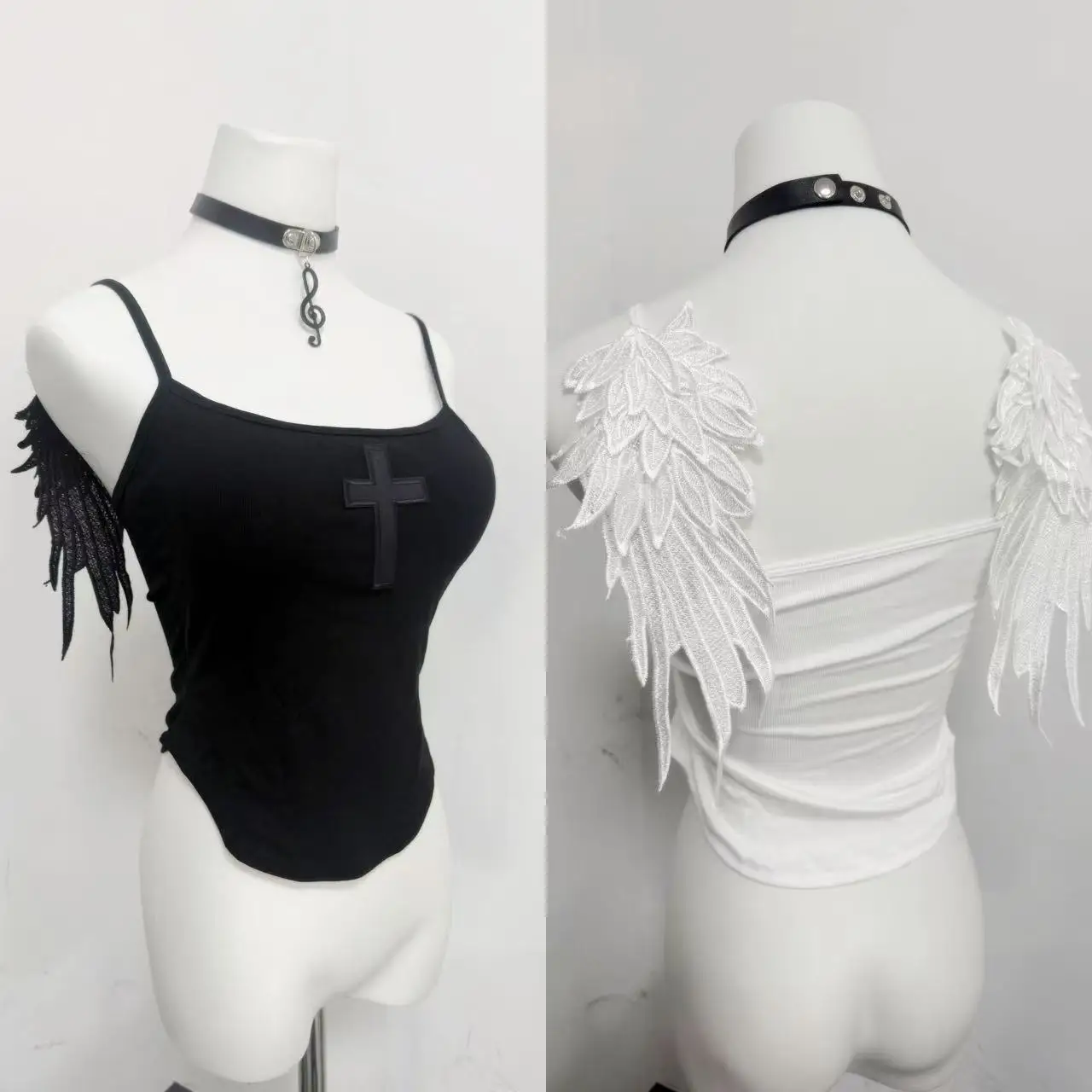 Embroidered Angel Wings Vest Goth Hot Girl Square Neck Cross White Black Beautiful Back Slim Camisole Top