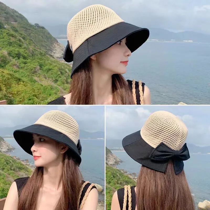 Outdoor UV Protection Sun Hat Summer Women\'s Bucket Foldable Basin Sunscreen Cap Bow Hollow Stitching Panama Hats Fisherman