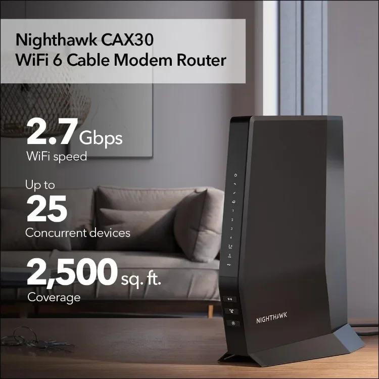 Nighthawk Modem Router Combo (CAX30) DOCSIS 3.1 Cable Modem and WiFi 6 Router - AX2700 2.7 Gbps - Compatible