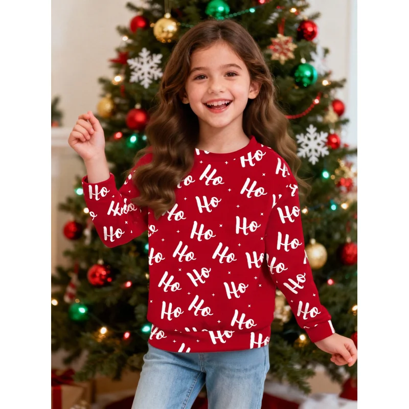 

Girls Red Christmas Sweatshirt with "Ho Ho Ho" Letter Print round Neck Long Sleeve Top for Children Full Version 2026