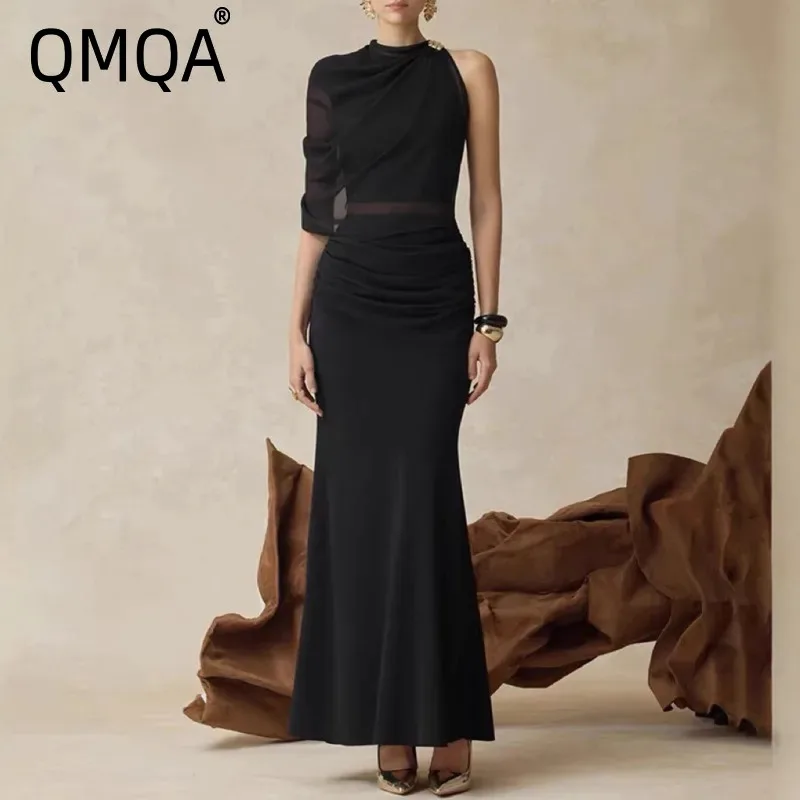 QMQA Fashion Women's Elegant Irregular 2 Pcs Set Single Shoulder Asymmetry Gauze Top Pleated Mermaid Skirt Party Sets New QM870