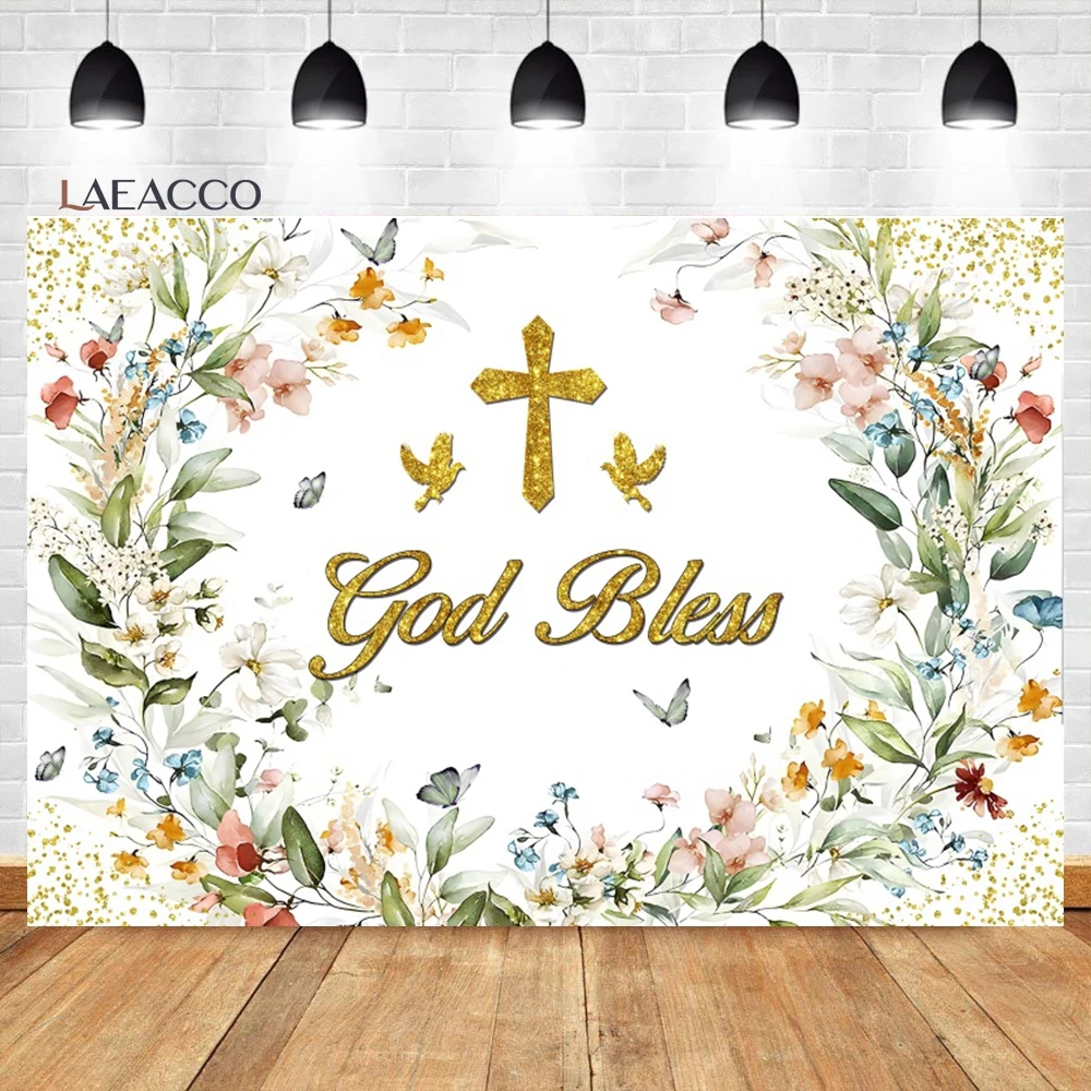 Laeacco Mi Bautizo Backdrop Pink Flowers Cross Butterfly Mexican Baptism God Bless Party Baby Portrait Photography Background