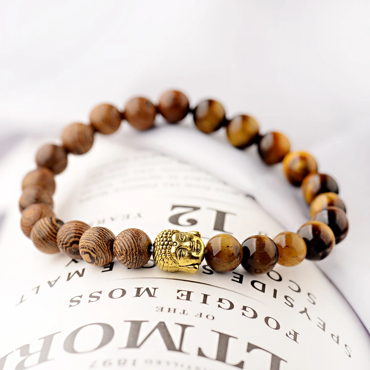 Charm Natural Stone Wooden Bracelet for Men Buddhist Prayer Buddha Head Tiger Eyes Stone Bracelets Yoga Jewelry Homme Pulsera