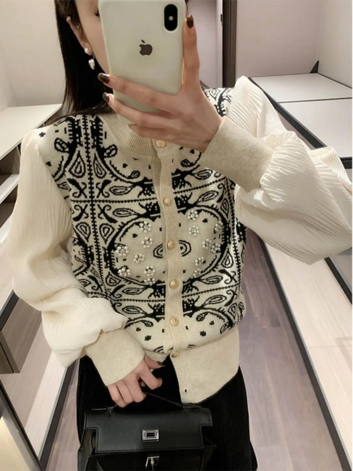 Small Fragrant Wind Beading Sweater for Women\'s Spring and Autumn 2024 Design Feeling Cardigan Western Knit Print Tops X746