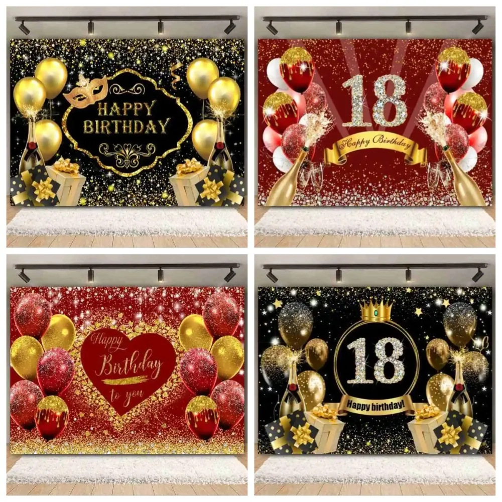 خلفية لافتة عيد ميلاد سعيد للبالغين بعمر 18 عامًا باللون الأسود والذهبي، خلفية للتصوير الفوتوغرافي على شكل نجمة متألقة بالون الشمبانيا هدية