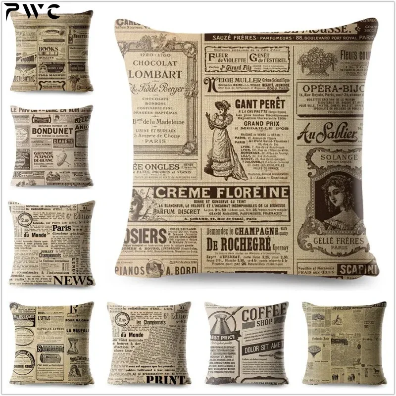 Vintage Style Pillow Case Decor Old English Newspaper Printed Cushion Cover Polyester Pillowcase for Sofa Home Car 45*45cm