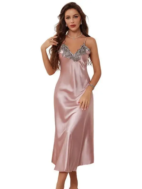 Robe longue à bretelles élégante, mode Sexy, soie glacée fine, vêtements de maison, Imitation soie, dos nu, sans manches, été, 0H1U