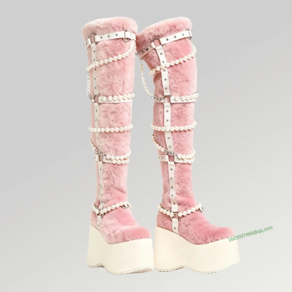 

Pink Pearl Decor Fur Boots Wedges High Heels Round Toe High Heel Shoes for Women High Heel Fashion 2025 New Zapatillas Mujer