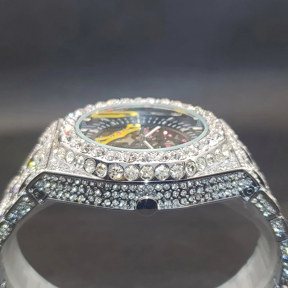 Luxe Mechaincal Heren Horloge Iced Diamond Hiphop Automatische Horloges Met Holle Wijzerplaat Lichtgevende Handklok Voor Mannelijke Dropshipping