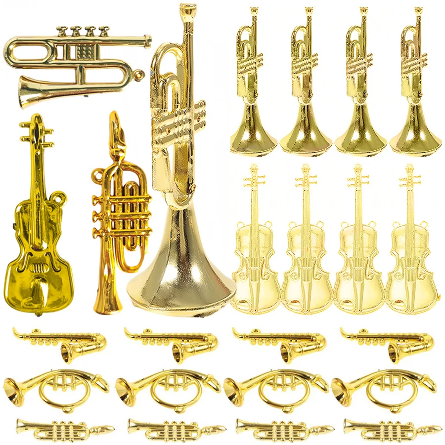 6-12Pcs 2-7cm Golden Mini Musical Instrument Ornaments, Guitar Horn Sax Dollhouse Decor, Creative Desktop DIY Crafts DDJ