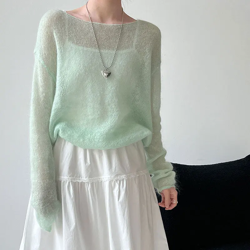 

Женский свитер из 31% шерсти и 30% мохера, с ажурным дизайном, тонкий вязаный пуловер, мягкий свитер розового цвета.