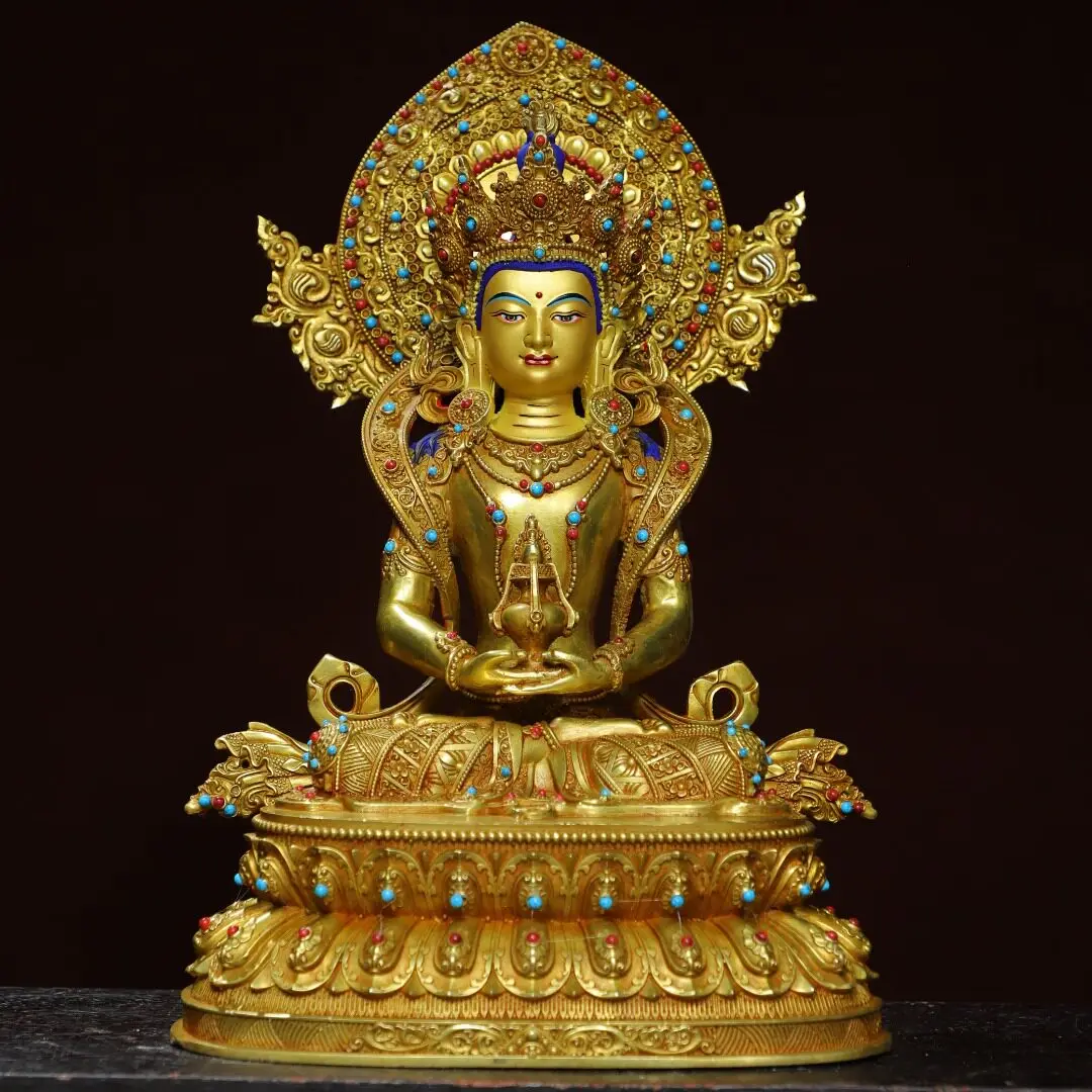 Antique Amitayus Buddha Statue Nepalese Pure Copper Full Gold Gilded Tibetan Buddhist Home Temple Altar Desk Decor Ornament