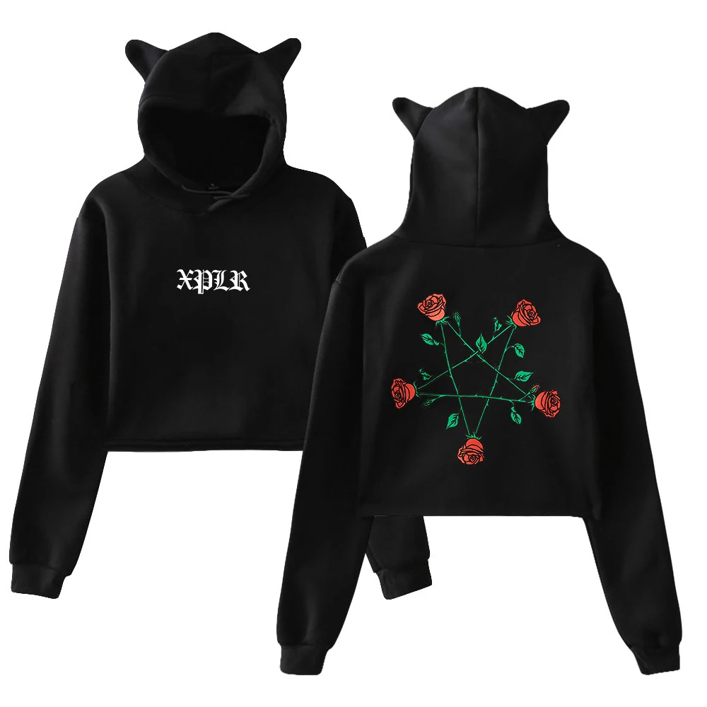 

XPLR Sam and Colby Pentagram Roses Pullover 2024 New Logo Cat Ears Hoodie Long Sleeve Female Crop Top Women's Clothes