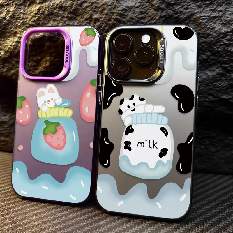 Cartoon Cow Bottle Plating Matte Case for Xiaomi Redmi Note 13 12 11 Pro Plus 4G 5G 12S 11S 10S 10 9 9S 8 12C 13C A3 Laser Cover