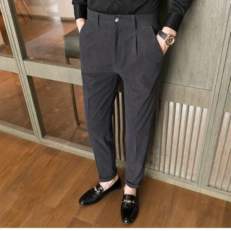 Korean Fashion Spring and Autumn New Men\'s Solid Color Pocket Zipper Corduroy Simplicity Casual Versatile Straight Suit Pants