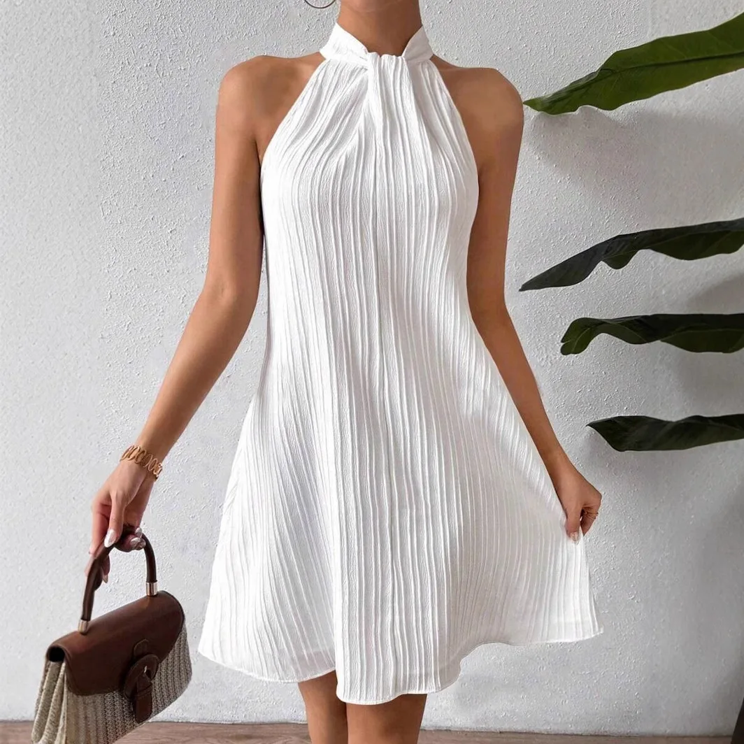 

2026 Spring Summer Halter Neck Mini Dress For Women Pleated Textured Sleeveless A Line Swing Dress Casual Elegant Short Dress