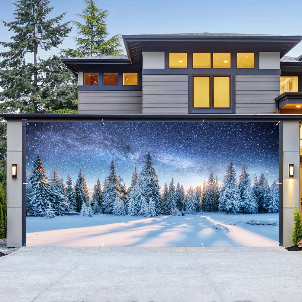 Winter Snowy Pine Garage Door Decorations Banner Christmas Snowflake Outdoor Patio Party Decoration Background Garage Wall Cover