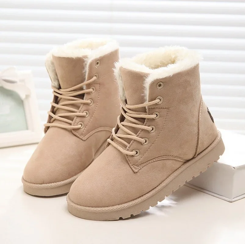 2024 Women Winter Snow Boots Warm Flat Plus Size Platform Lace Up Ladies Women\'s Shoes New Flock Fur Suede Ankle Boots 35-43