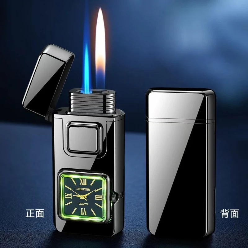 Image of True Watch Sprachgesteuertes Feuerzeug mit Doppelflamme, Butangas, Sichtfenster, offener Flamme, Jet-Flamme, elektrisches Feuerzeug