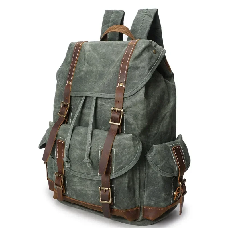 

M144 New Multifunction Vintage Leather Military Waterproof Canvas Men's Backpack Backpacking Rucksack Luxury Brand Cow Leather