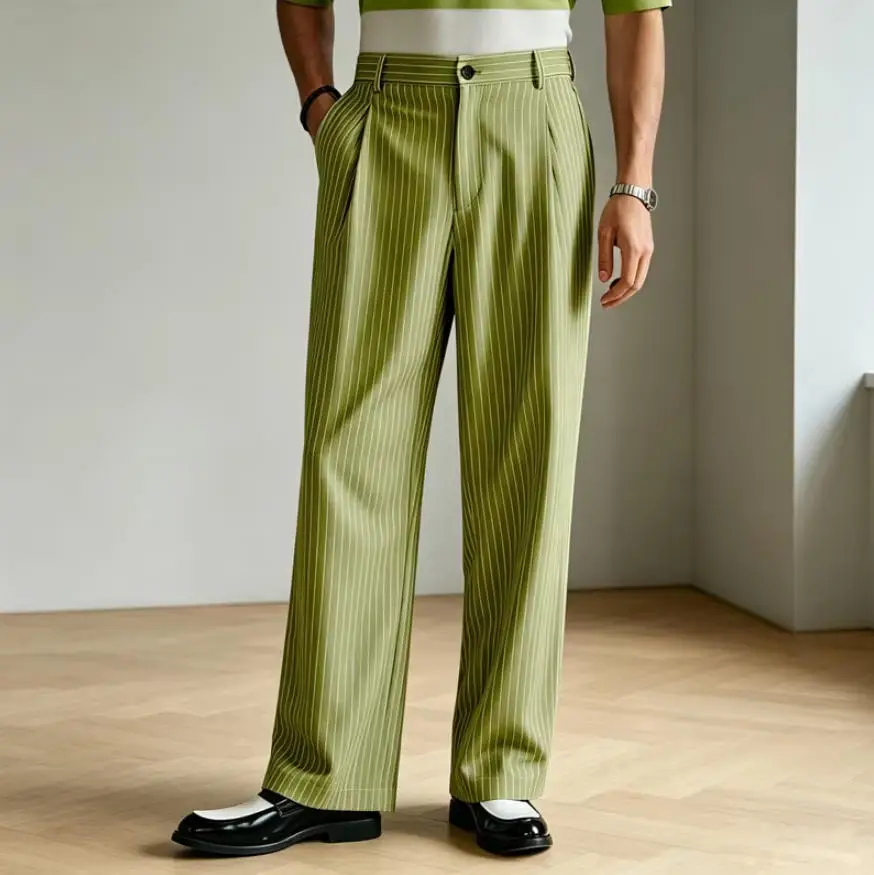 Vintage Men Pants Thin Slacks Business Striped Trousers High Waist Pleated Wide Leg Loose Straight Casual Office Wedding